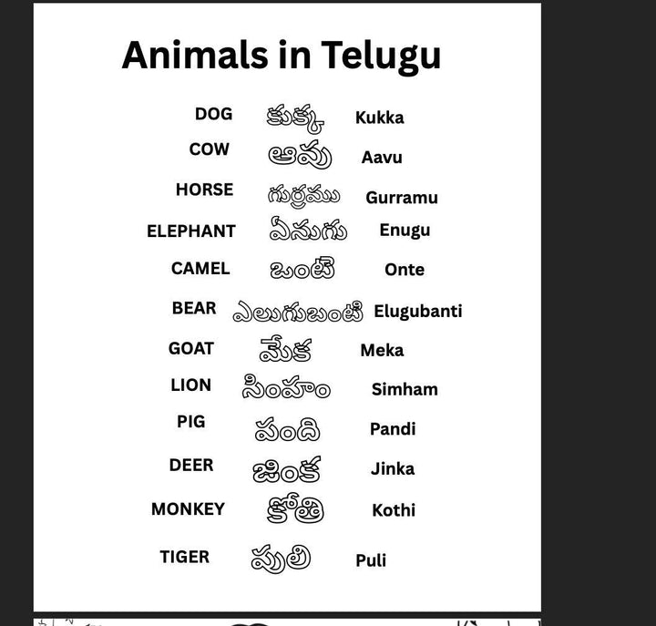 Printable Telugu Animal Coloring Pages -  digital print - Gift for everyone